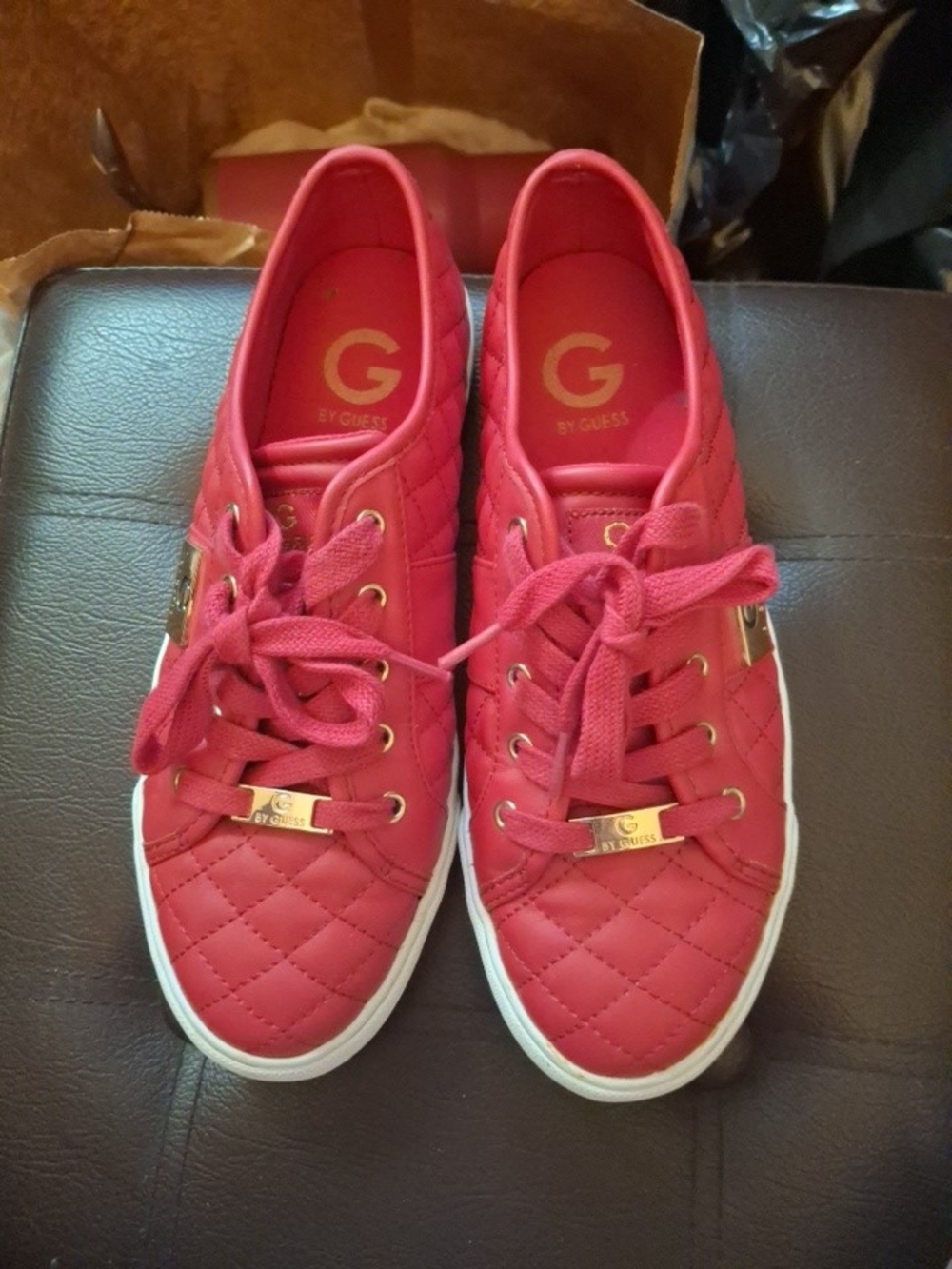 G by Guess Quilted Pink-Red Lace-Up Sneakers with Gold Accents